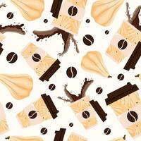 seamless pattern with coffee cups with a design of white long pumpkins, coffee splashes and long white pumpkins arranged randomly vector