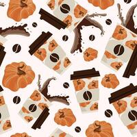 seamless pattern with coffee cups with a design of orange pumpkins, coffee splashes and orange round pumpkins arranged randomly vector