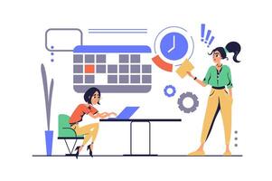 Deadline concept in modern flat cartoon design for web. Stressed woman doing paperwork at laptop in office, nervous manager alarming and hurry on, deadline rushing on workplace. illustration. vector
