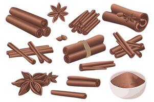 Cinnamon cooking spice mega set elements in flat graphic design. Collection objects of dry aromatic rolled sticks, powders in bowl, star anise and seeds, sweet bakery ingredients. illustration. vector