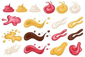 Sauces splash mega set elements in flat graphic design. Collection objects of ketchup, mustard and mayo liquid flowing and curve waving with drops and blobs, chocolate melting. illustration. vector