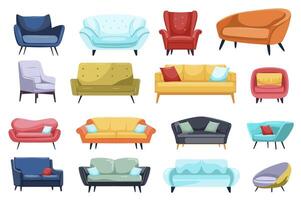 Sofas and armchairs mega set elements in flat graphic design. Collection objects of different styles and colors couches, ottomans and chairs with pillows. Home interior furniture. illustration. vector