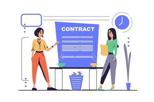 Teamwork concept in modern flat cartoon design for web. Women work in team, coworking in office, talking about tasks and job contracts at meeting, developing project together. illustration. vector
