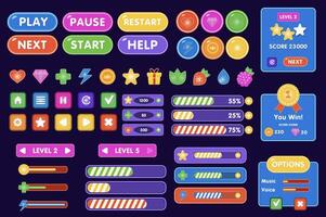 Game Ui interface mega set elements in flat graphic design. Collection objects of button and panel assets for menu, play, start, pause, restart, settings, level, option, other. illustration. vector