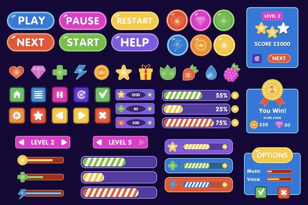 Game Ui interface mega set elements in flat graphic design. Collection objects of button and panel assets for menu, play, start, pause, restart, settings, level, option, other. illustration.