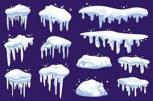 Winter snowcap mega set elements in flat graphic design. Collection objects of snow caps with frozen icicles, white and blue snowy borders at house roof and seasonal decoration. illustration. vector