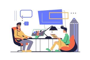 Designer studio concept in modern flat cartoon design for web. Creative team generates new ideas, drawing visual content and developing products, making artist projects in office. illustration. vector