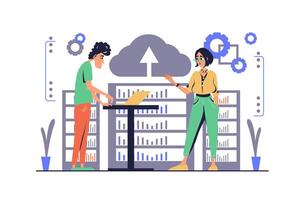Data center concept in modern flat cartoon design for web. Man and woman working in team, provides network computing, making database maintenance and management in server room. illustration. vector