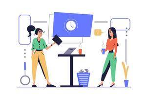 Recruitment concept in modern flat cartoon design for web. Woman searching and selecting online resume, finding best candidates for job applicant, interviewing hiring workers. illustration. vector