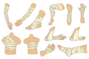 Bandaged body parts mega set elements in flat graphic design. Collection objects of injured legs, arms, palms, back, chest, torso, ankle, knees with bandage applying or gypsum. illustration. vector