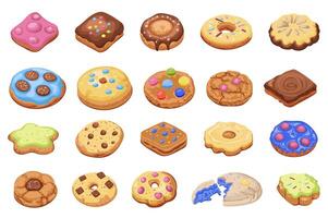 Cookies mega set elements in flat graphic design. Collection objects of different homemade pastries and delicious gingerbread, decorated with colored icing tops and cocoa chips. illustration. vector