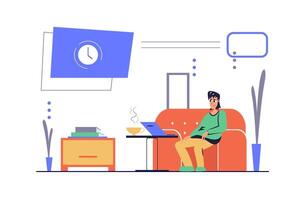 Freelance working concept in modern flat cartoon design for web. Man doing tasks at laptop online while sitting at sofa in home office. Professional freelancer works distantly. illustration. vector