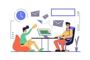 Email service concept in modern flat cartoon design for web. Man chatting and sending messages, sending digital letters, receiving new inbox correspondence and spam at computer. illustration. vector