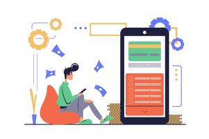 Mobile banking concept in modern flat cartoon design for web. Man managing credit cards and personal financial account in app, making transactions or transfers, using cashback. illustration. vector