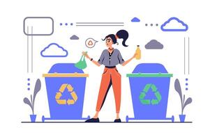 Waste recycling concept in modern flat cartoon design for web. Woman protecting environment, collecting and sorting garbage, putting in disposal bins for plastic, glass, other. illustration. vector