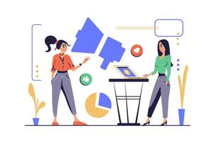 Marketing concept in modern flat cartoon design for web. Women work in team, discussing and brainstorming, creating promotion strategy for business, starting advertising campaign. illustration. vector