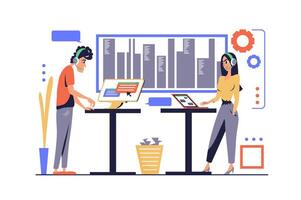 Customer service concept in modern flat cartoon design for web. Man and woman in headsets working in client support, answering calls and messages, helping with tech problems. illustration. vector