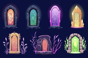 Magic doors mega set elements in flat graphic design. Collection objects of different types of magic portals with mystical energy vortex, magician shimmering tunnels in doorways. illustration. vector