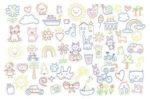 Cute hand drawn doodles mega set elements in flat graphic design. Collection objects of flowers, hearts, clouds, lion, ship, sun, snail, stars, palm, rainbow, cat, dog and other. illustration. vector