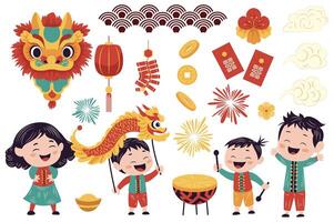 Chinese New Year mega set elements in flat graphic design. Collection objects of asian symbols, dragon head, lanterns, coins, clouds, ornament patterns, boys and girl celebrate. illustration. vector