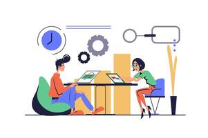 Benchmarking concept in modern flat cartoon design for web. Man and woman doing strategic analysis for business, benchmark performance and monitoring financial statistic chart. illustration. vector