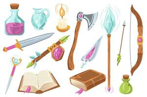 Fantasy magic weapons mega set elements in flat graphic design. Collection objects of potion bottles, wizard wand with crystal, warrior sword, fight axe, magician books and other. illustration. vector