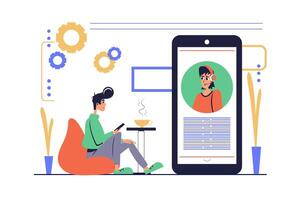 Virtual assistant concept in modern flat cartoon design for web. Man chatting online in app with digital adviser or chatbot for getting information and solving technical problems. illustration. vector