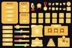 Interface game buttons mega set elements in flat graphic design. Collection objects of different bars and banners, panels with menu, option, exit, level, gold win trophy, others. illustration. vector