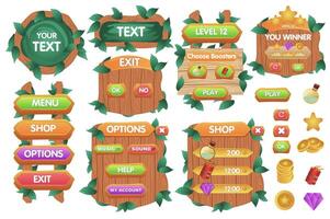 Jungle game interface mega set elements in flat graphic design. Collection objects of tropical leaves menu, wooden boards, bars, buttons, different panels and huds, other assets. illustration. vector