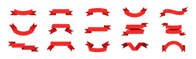 Red flat ribbon set. Red ribbons in various lengths and styles vector