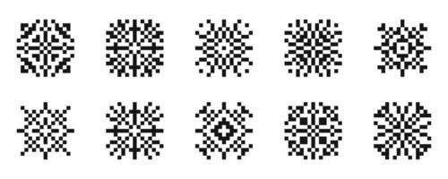 Snowflake pixel style ornament icons. Pixel-style snowflake designs vector