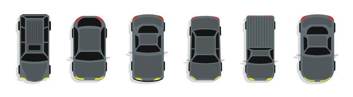 Car top view icons. Top view of cars in various models vector
