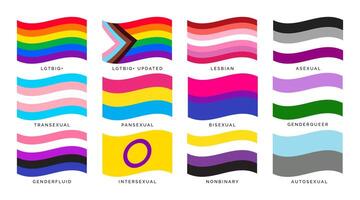 LGBTQ flags flat set. Collection of LGBTQ pride flags in flat style vector