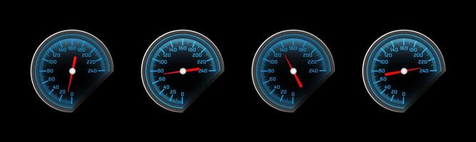 Speedometer set. Speedometers with needles at various speeds vector