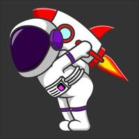 cartoon astronaut with rocket on black background vector