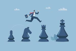 A systematic step by step movement, Strategic confidence in a business challenge, Businessman leaping over chess pieces one step at a time to grow or succeed in his business. illustration. vector