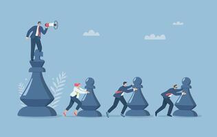 Businessman stands on chess piece with megaphone and orders his team to fight according to a planned strategy, Collaborative strategies for mutual success, Leadership in leading business teams. vector