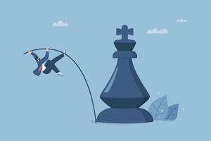 Defeat difficult strategies, Overcoming huge obstacles, Facing competitors who are business giants, Businessman pole vaults through a large chess piece. design illustration. vector