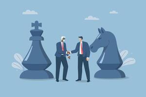 Two business leader shaking hands with big chess piece, Collaborative strategies for mutual success, Business agreements and negotiation skills, Planning for important collaborations with company. vector