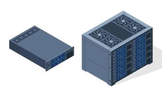 Isometric server. Server racks. Server boxes isolated. Network server room. Computer network technology. illustration vector