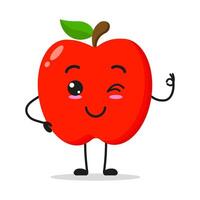 Cute red apple character. Funny smiling and wink fruit cartoon emoticon in flat style. apple emoji vector