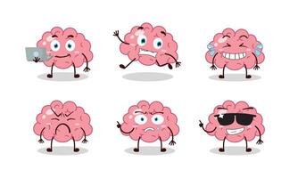 funny brain cartoon character with many pose activity illustration vector