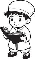 Jewish little boy holding holding open book clean simple linear outline black vector