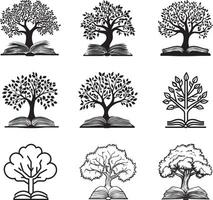 Colletion of tree with an open book clean simple silhouette black vector