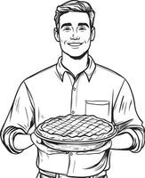 Smiling man holding pumpkin pie for thanksgiving clean simple linear outline black vector