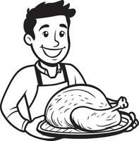 Smiling man holding a tray with roasted turkey for thanksgiving clean simple icon outline black vector