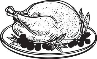 Plate Roasted turkey garnished with red berries and sage leaves clean simple linear outline black vector