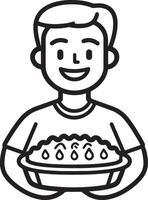 Smiling man holding pumpkin pie for thanksgiving clean simple icon outline black vector
