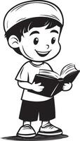 Jewish little boy holding holding open book clean simple linear outline black vector