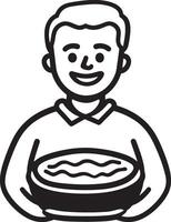 Smiling senior man holding pumpkin pie clean simple icon outline black vector